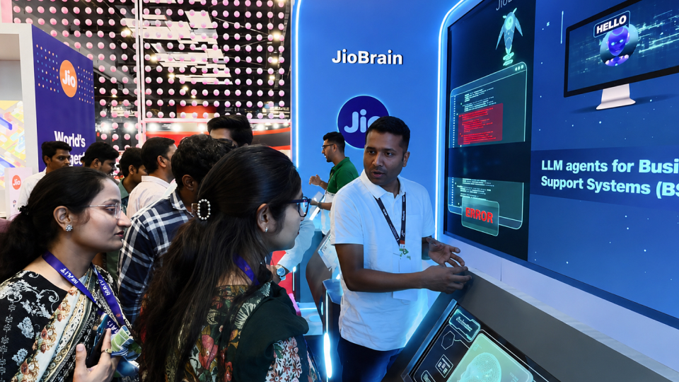 Interactive AI demo zone with touchscreen interface and digital content wall for enterprise technology engagement